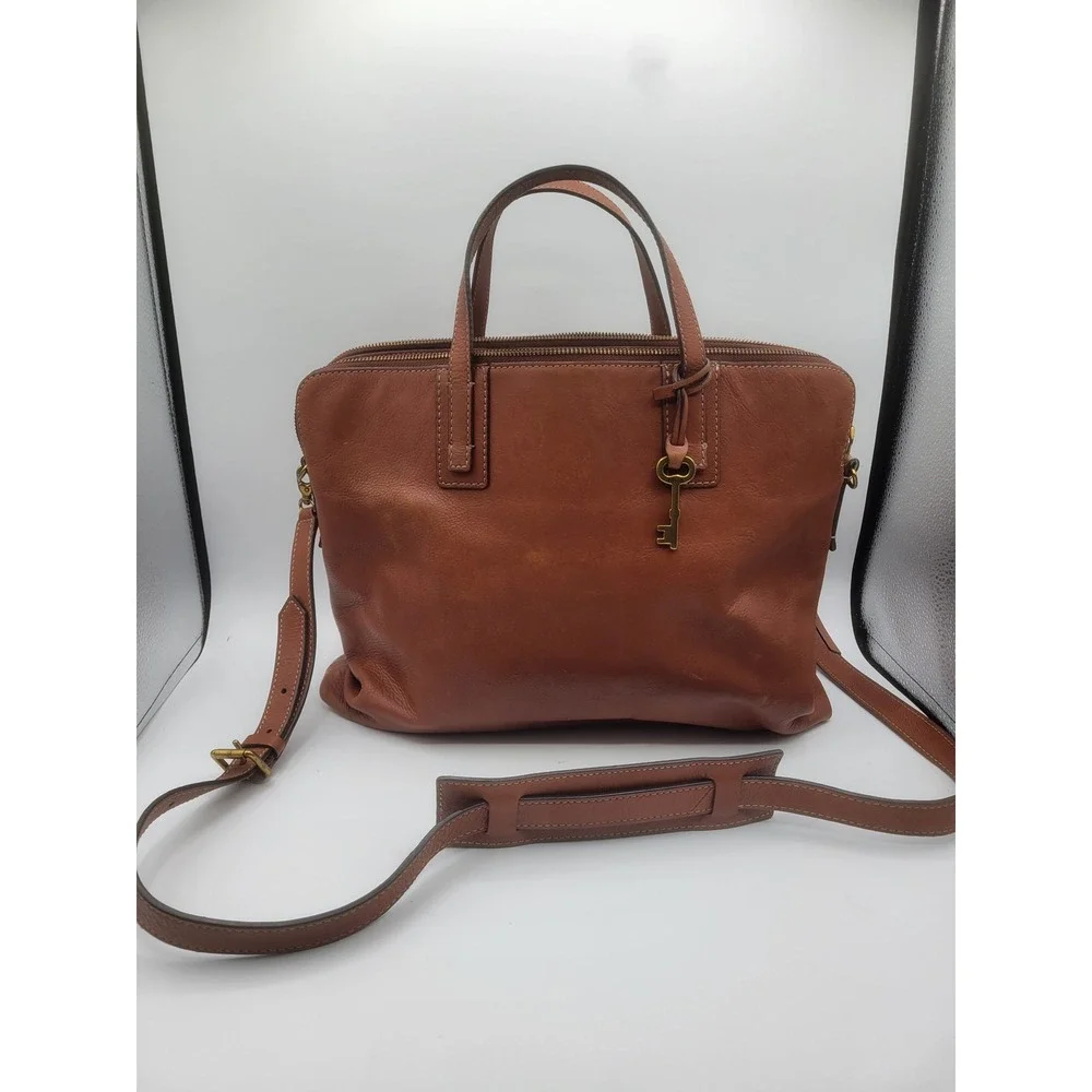 Fossil Rachel Satchel Brown Leather Triple Compartment Crossbody Laptop Bag